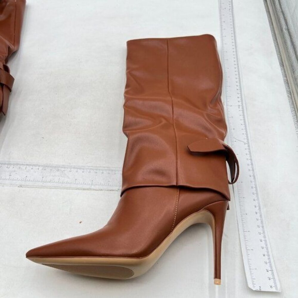 Womens Knee High Boots Fold Over Pointed Toe Stiletto High Heel Boot Brown